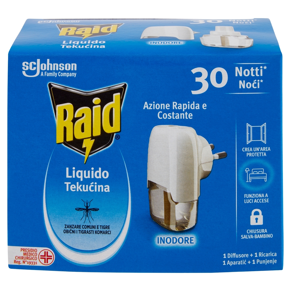 Raid Liquido Elettrico Antizanzare Contro Zanzare, 30 Notti, 1 Base e 1 Ricarica 21 ml